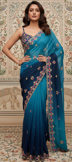 Blue color Saree in Georgette fabric with Embroidered, Resham, Sequence, Thread work