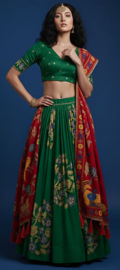 Green color Lehenga in Silk fabric with Foil Print work
