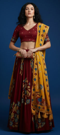 Red and Maroon color Lehenga in Silk fabric with Foil Print work