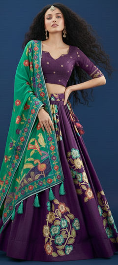 Purple and Violet color Lehenga in Silk fabric with Foil Print work
