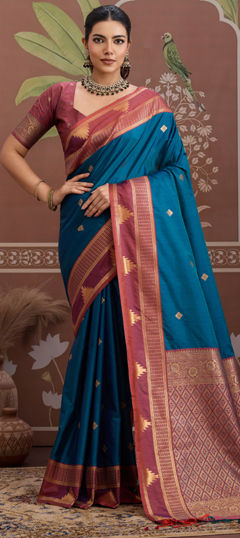 Blue color Saree in Tussar Silk fabric with Weaving work