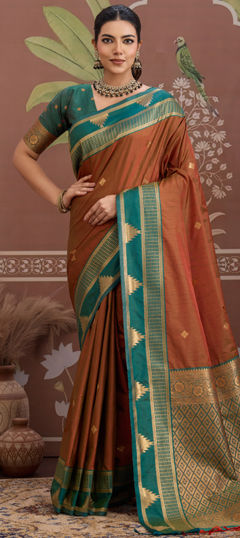 Beige and Brown color Saree in Tussar Silk fabric with Weaving work