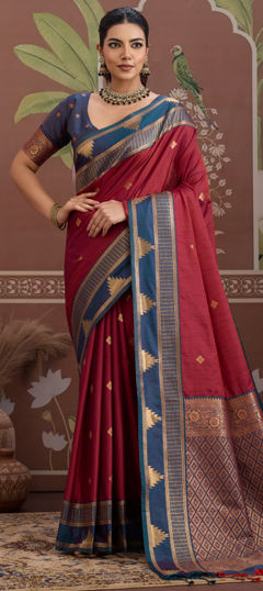 Red and Maroon color Saree in Tussar Silk fabric with Weaving work