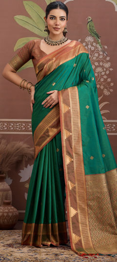 Green color Saree in Tussar Silk fabric with Weaving work
