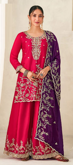 Pink and Majenta color Salwar Kameez in Silk fabric with Embroidered, Zircon work