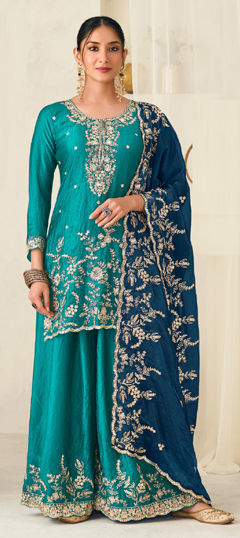 Blue color Salwar Kameez in Silk fabric with Embroidered, Zircon work
