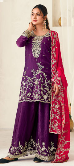 Purple and Violet color Salwar Kameez in Silk fabric with Embroidered, Zircon work