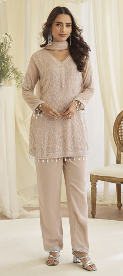 Beige and Brown color Salwar Kameez in Georgette fabric with Bugle Beads, Embroidered work