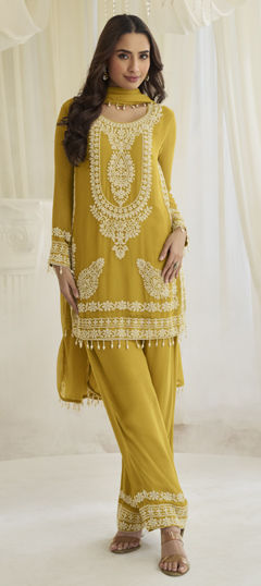 Green color Salwar Kameez in Georgette fabric with Bugle Beads, Embroidered work