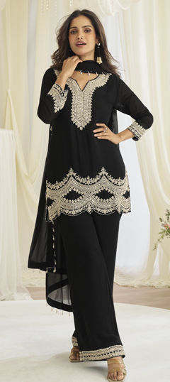 Black and Grey color Salwar Kameez in Georgette fabric with Bugle Beads, Embroidered work