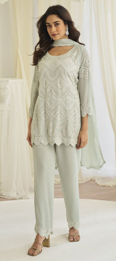 Green color Salwar Kameez in Georgette fabric with Bugle Beads, Embroidered work