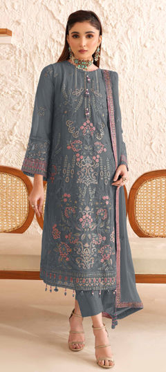 Black and Grey color Salwar Kameez in Faux Georgette fabric with Embroidered, Sequence work