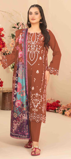 Beige and Brown color Salwar Kameez in Cotton fabric with Embroidered, Sequence work