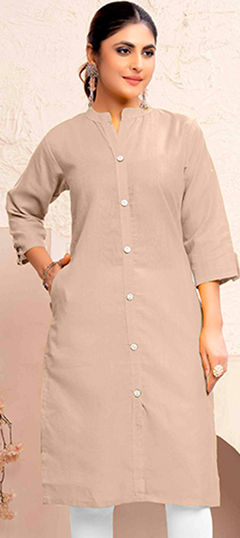 Beige and Brown color Kurti in Cotton fabric with Thread work