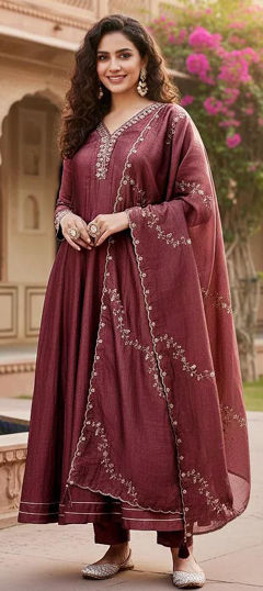 Red and Maroon color Salwar Kameez in Silk fabric with Embroidered, Sequence, Thread work