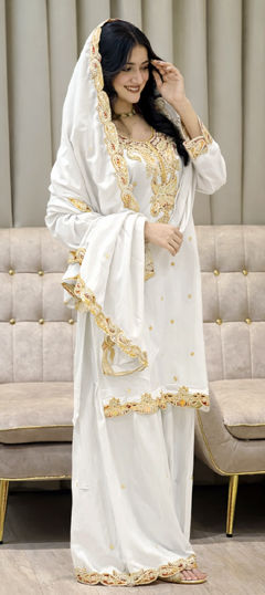 White and Off White color Salwar Kameez in Chinon Silk fabric with Patch work