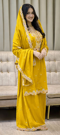Yellow color Salwar Kameez in Chinon Silk fabric with Patch work