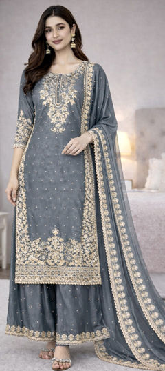 Purple and Violet color Salwar Kameez in Silk fabric with Embroidered, Thread, Zari work