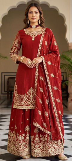 Red and Maroon color Salwar Kameez in Chinon Silk fabric with Embroidered, Thread, Zari work