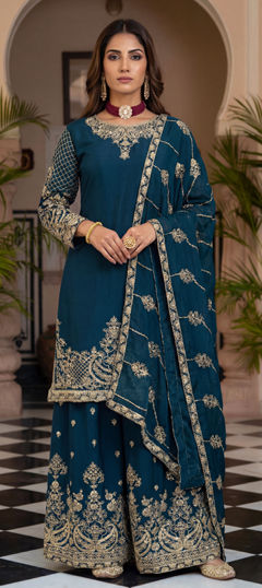 Blue color Salwar Kameez in Chinon Silk fabric with Embroidered, Thread, Zari work