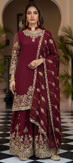 Purple and Violet color Salwar Kameez in Chinon Silk fabric with Embroidered, Thread, Zari work