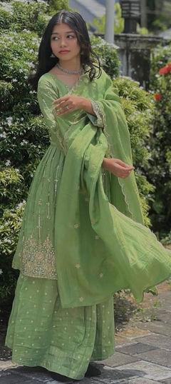Green color Salwar Kameez in Chinon Silk fabric with Embroidered, Sequence, Thread work