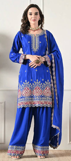 Blue color Salwar Kameez in Chinon Silk fabric with Embroidered, Sequence, Thread work