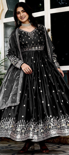 Black and Grey color Salwar Kameez in Silk fabric with Embroidered, Thread work