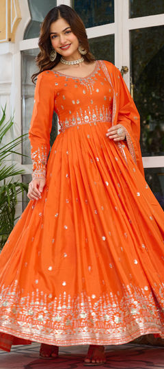 Orange color Salwar Kameez in Silk fabric with Embroidered, Thread work