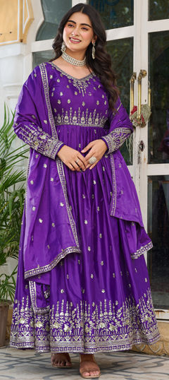 Purple and Violet color Salwar Kameez in Silk fabric with Embroidered, Thread work