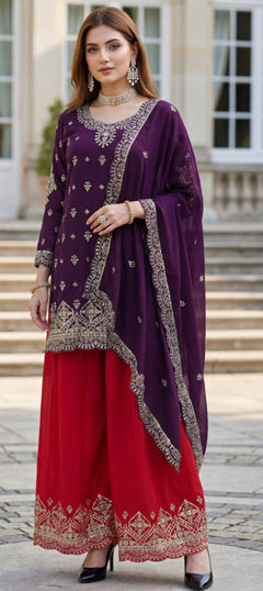 Purple and Violet color Salwar Kameez in Chinon Silk fabric with Embroidered, Sequence, Thread work