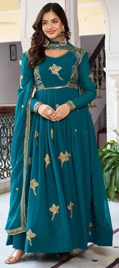 Green color Salwar Kameez in Faux Georgette fabric with Embroidered, Thread, Zari work