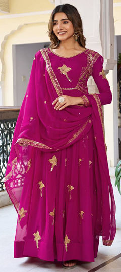 Pink and Majenta color Salwar Kameez in Faux Georgette fabric with Embroidered, Thread, Zari work
