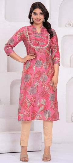 Pink and Majenta color Kurti in Silk fabric with Printed work