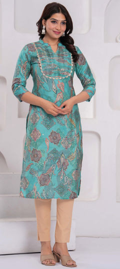 Blue color Kurti in Silk fabric with Printed work