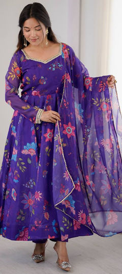 Purple and Violet color Salwar Kameez in Organza Silk fabric with Floral, Printed work