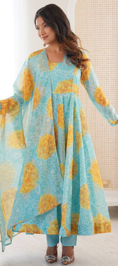 Multicolor color Salwar Kameez in Organza Silk fabric with Floral, Printed work