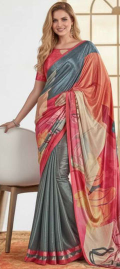Black and Grey color Saree in Crepe Silk fabric with Digital Print work