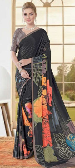 Black and Grey color Saree in Crepe Silk fabric with Digital Print work