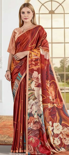 Beige and Brown color Saree in Crepe Silk fabric with Digital Print work