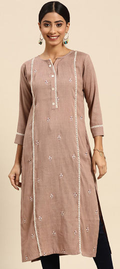 Beige and Brown color Kurti in Rayon, Viscose fabric with Embroidered work