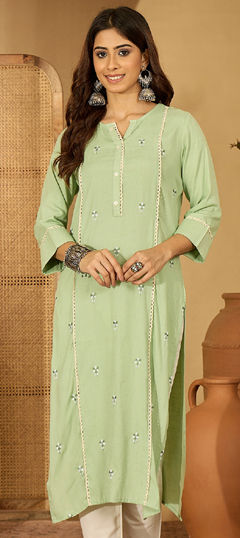 Green color Kurti in Rayon, Viscose fabric with Embroidered work