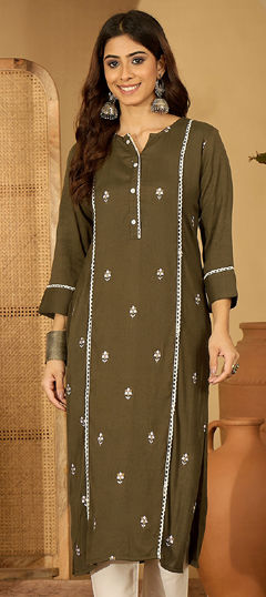 Green color Kurti in Rayon, Viscose fabric with Embroidered work