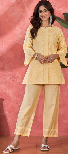 White and Off White color Co-ords Set in Cotton fabric with Embroidered work