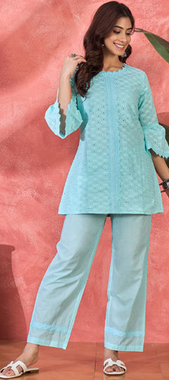 Blue color Co-ords Set in Cotton fabric with Embroidered work