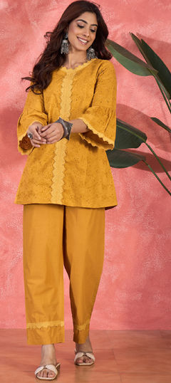 Yellow color Co-ords Set in Cotton fabric with Embroidered work