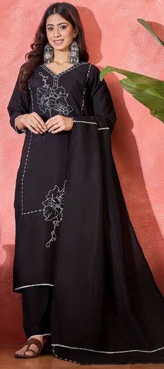 Black and Grey color Salwar Kameez in Silk fabric with Embroidered work