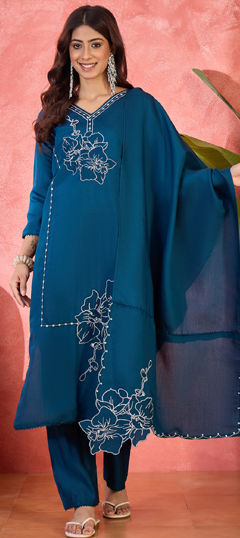 Blue color Salwar Kameez in Silk fabric with Embroidered work