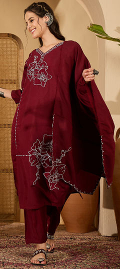 Red and Maroon color Salwar Kameez in Silk fabric with Embroidered work