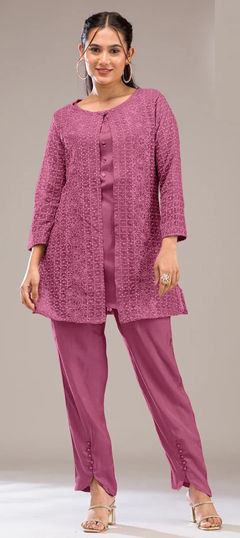 Pink and Majenta color Co-ords Set in Georgette fabric with Embroidered, Thread work